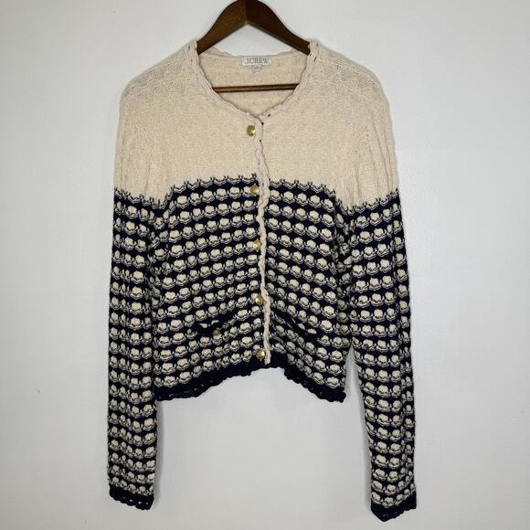 J Crew Sweater Women XL Crochet Textured Cardigan Knit Classic Money Preppy Blue - Picture 1 of 8